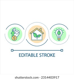 Icono de concepto de bucle de construcción verde. Vivienda sostenible. Inmobiliaria. Ilustración de línea delgada de idea abstracta de mejora de propiedades. Dibujo de contorno aislado. Trazo editable. Tipo de letra arial utilizado