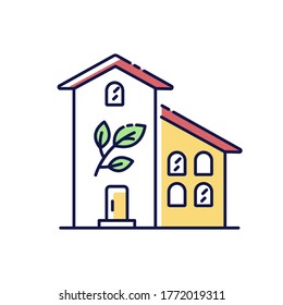 Green building RGB color icon. Sustainable development. Eco friendly real estate. Greenhouse exterior. Efficient building in downtown. Reduce resource waste. Isolated vector illustration