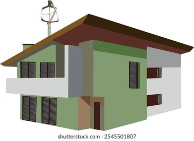 Edifício verde com uma pequena turbina eólica no telhado gerando energia limpa