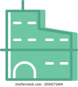 Green building with small windows, illustration, vector, on a white background.