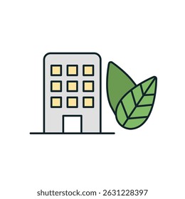 Green building is standing next to a green leaf, representing eco-friendly city living and sustainable urban development