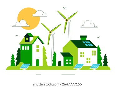 Green Building Vector Illustration Featuring a Beautiful Modern Eco Friendly Green City Panoramic View with Skyscrapers, Ecology and Sustainability