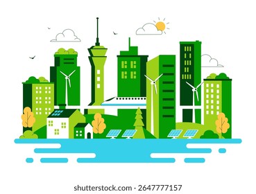 Ilustración vectorial de edificio verde con una hermosa vista panorámica ecológica moderna de la ciudad verde con rascacielos, ecología y sostenibilidad