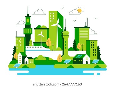 Green Building Vector Illustration Featuring a Beautiful Modern Eco Friendly Green City Panoramic View with Skyscrapers, Ecology and Sustainability