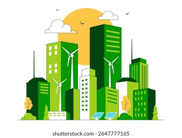 Green Building Vector Illustration Featuring a Beautiful Modern Eco Friendly Green City Panoramic View with Skyscrapers, Ecology and Sustainability