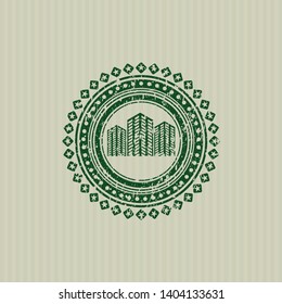 Green buildings icon inside distressed grunge seal