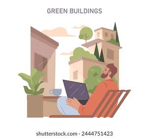 Green Buildings set. Urban resident enjoys sustainable living with rooftop gardens. Integration of nature and architecture in city life. Eco-friendly habitat fostering wellbeing and productivity.