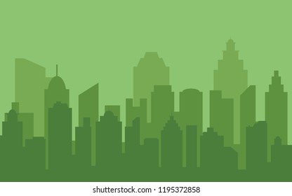 Green buildings silhouette. Urban landscape. Green color cityscape background in flat design.