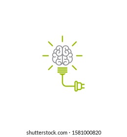 Green  bulb with brain, rays and electrical plug. Inspiration charge flat icon. New business idea. smart, clever, creative symbol  Vector illustration. Knowledge, solution, innovation sign