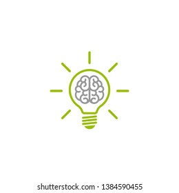 Green  bulb with brain and rays flat icon. Isolated on white. New business idea. smart, clever, creative symbol  Vector illustration.  Knowledge, solution, innovation sign