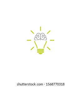 Green  bulb with brain and rays flat icon. Isolated on white. New business idea. smart, clever, creative symbol  Vector illustration.  Knowledge, solution, innovation sign