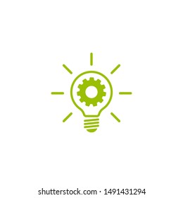 Green  bulb with gear and rays flat icon. Isolated on white. New business idea. New technology. Eco Idea. Design thinking. Vector illustration. Settings, technology label