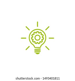 Green  bulb with gear and rays flat icon. Isolated on white. New business idea. New technology. Eco Idea. Design thinking. Vector illustration. Settings, technology label