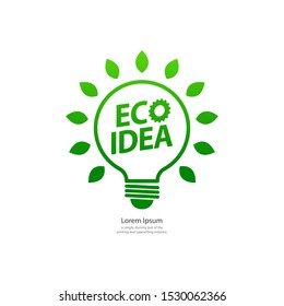 Green bulb with gear and rays flat icon. Eco Idea. Design thinking. Vector illustration.