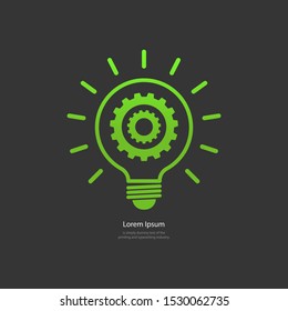 Green bulb with gear and rays flat icon. Eco Idea. Design thinking. Vector illustration.