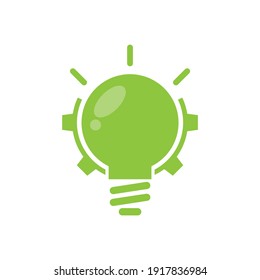 Green bulb with gear and rays flat icon. Isolated on white background. 