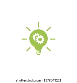 Green  bulb with gears and rays flat icon. Isolated on white. New business idea. New technology. Eco Idea. Design thinking. Vector illustration. Eco friendly technology. 