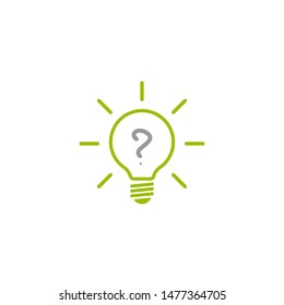 Green Bulb With Question And Rays. Flat Icon. Isolated On White Background. FAQ Icon.  New Business Idea. Vector Illustration. Curiosity Logo.