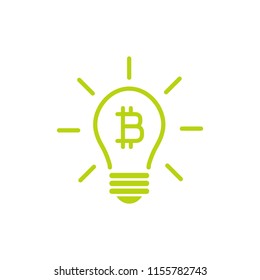 Green  bulb with rays and bitcoin sign flat icon. Isolated on white. Electric Light New business idea icon. Money save. Vector illustration. Crypto currency, virtual electronic, internet money.