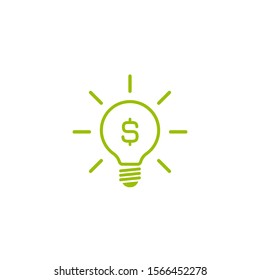 Green  bulb with rays and dollar sign flat icon. Isolated on white. Electric Light Price icon.  New business idea icon. Money save label. Design thinking. Vector illustration.