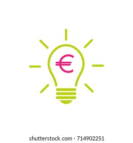 Green  bulb with rays and pink euro sign flat icon. Isolated on white. Electric Light Price icon. New business idea. New technology. Money save. Design thinking. Vector illustration.