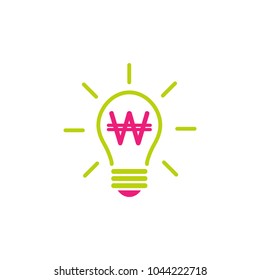 Green  bulb with rays and pink korean won sign flat icon. Isolated on white. Electric Light Price icon. 