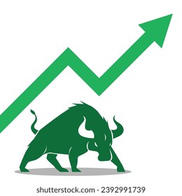 el toro verde y la flecha verde apuntando muestran el alza de la posición del mercado de valores de renta variable ganancia de negocio gráfico de beneficios financieros