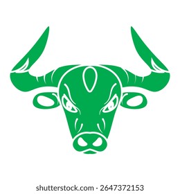Símbolo de cabeça de touro verde com chifres afiados e expressão feroz. Ideal para finanças, mercado de ações, força, negociação e agressivo bullish investimentos temáticos visuais.