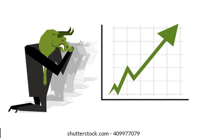 Green Bull prays on rate increase on stock exchange. arrow up. Worship of money. Prayer quotes. Trader kneeling before schedule. Allegory illustration for  magazine business
