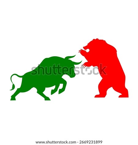 A green bull and a red bear face off, ready to fight, symbolizing the stock market's upward and downward trends. Vector illustration.