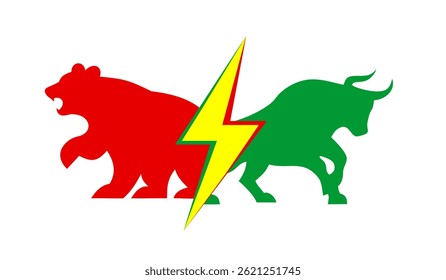 Toro verde y oso rojo separados por relámpagos, concepto de icono de volatilidad del mercado de valores.
