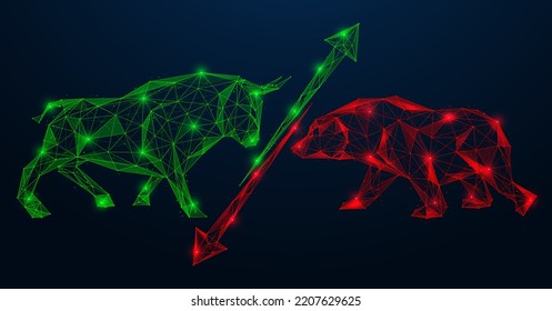 Green bull and the red bear of the stock market. Arrows of growth and fall, online trading. Low-poly design of lines and dots.