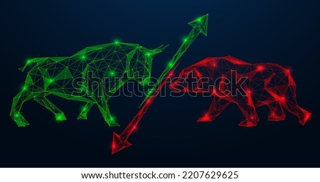Green bull and the red bear of the stock market. Arrows of growth and fall, online trading. Low-poly design of lines and dots.