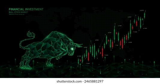 Green bull shapes polygon facing candlestick on black world map. Stock market trends chart growth. Optimism prices going up. Analysis business strategy financial investment. Banner vector EPS10.