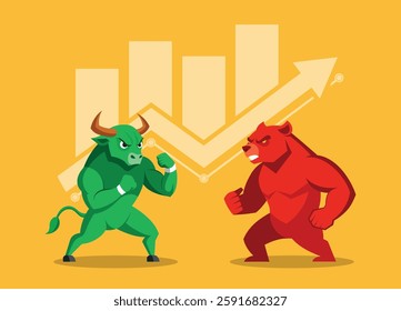 Green Bull VS Red Bear, Stock Market Trading Concept, Vector Illustration