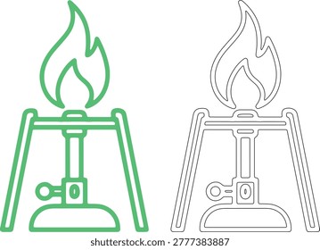 Green Bunsen burner with flame and black outline