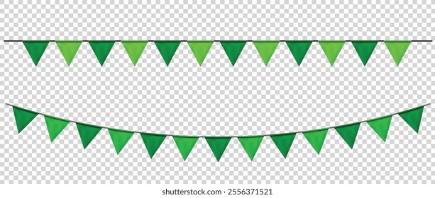 Green Bunting flags, carnival party triangle flag banner background. Decorative pennants hanging on a rope isolated for Celebration, Birthday, Holiday, New Year. Festive decoration elements vector
