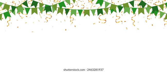 green bunting garland flags and gold confetti banner frame for party festival, anniversary and congratulation