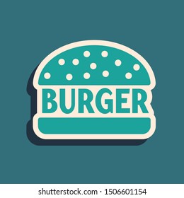 Green Burger icon isolated on blue background. Hamburger icon. Cheeseburger sandwich sign. Long shadow style. Vector Illustration