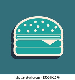 Green Burger icon isolated on blue background. Hamburger icon. Cheeseburger sandwich sign. Long shadow style. Vector Illustration