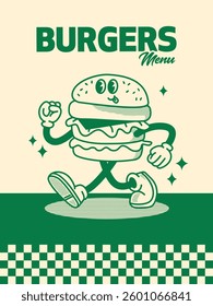 Green Burger Menu Poster. Vector Illustration of Retro Cartoon Happy Concept. Street Food.