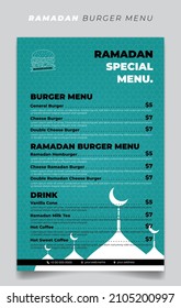 Green burger menu template in ramadan month with silhouette mosque design. Also good template for restaurant menu design.