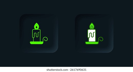 Green Burning candle in candlestick icon isolated on black background. Cylindrical candle stick with burning flame. Black square button. Vector