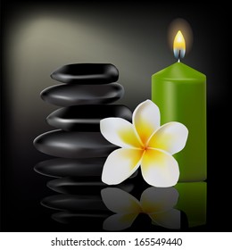 Green Burning Candle With Flower And Dark Stones On Dark Background. Design Vector For Spa, Boutique, Beauty Salon, Cosmetician, Shop, Yoga Class, Hotel And Resort.