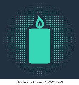 Green Burning candle icon isolated on blue background. Old fashioned lit candle. Cylindrical aromatic candle stick with burning flame. Abstract circle random dots. Vector Illustration