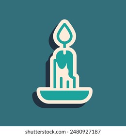 Green Burning candle icon isolated on green background. Cylindrical candle stick with burning flame. Long shadow style. Vector