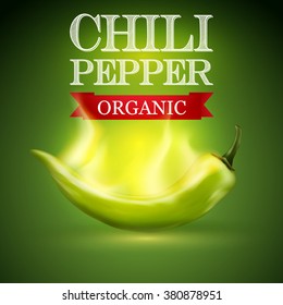 Green burning chili pepper on a green background, vector illustration