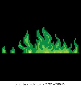 Green burning fire flame effect border vector pixel art. Cartoon retro 8 bit video game bonfire or campfire. Burning flame effect with sparks. Devouring fire blazing frame. Gas or fuel ignition