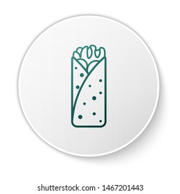 Green Burrito icon isolated on white background. Traditional mexican fast food. White circle button. Vector Illustration