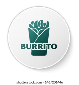 Green Burrito icon isolated on white background. Traditional mexican fast food. White circle button. Vector Illustration